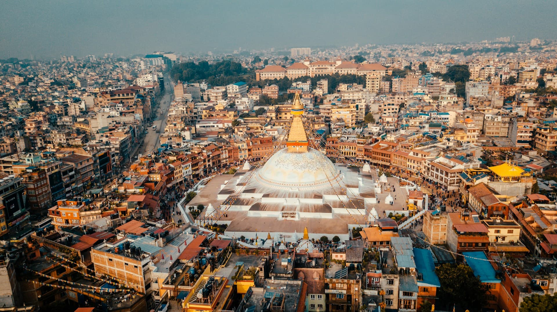 Pagoda temples of Kathmandu with Himalayan mountains at sunset